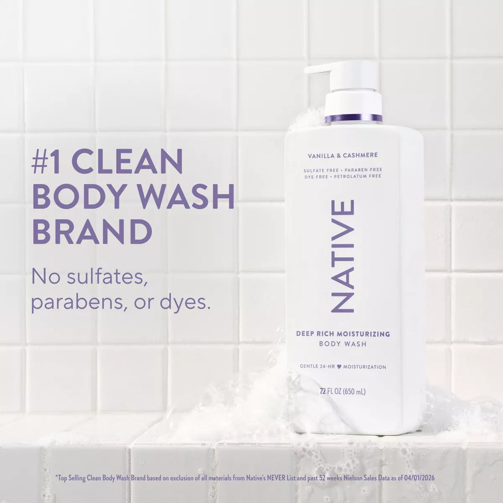Native Moisturizing Bodywash - Vanilla & Cashmere - 22 Fl Oz: Paraben-Free, Sulfate-Free, Sensitive Skin, Whole Body