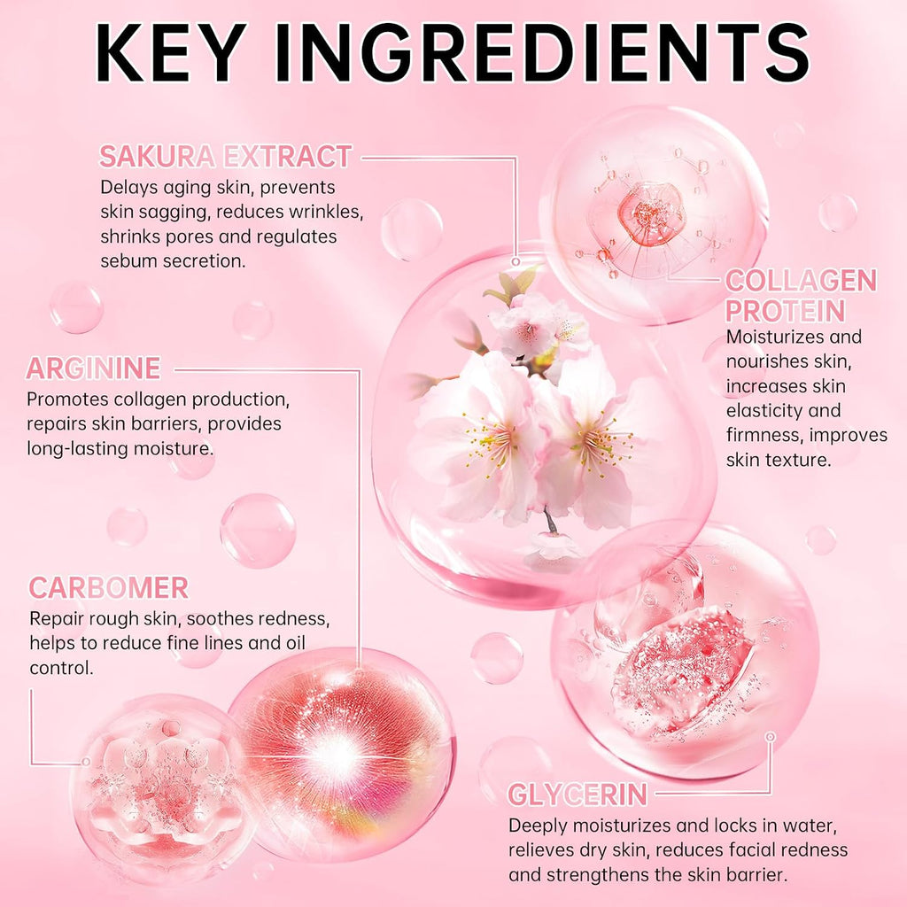 Collagen Sakura Skincare Gift Set - Cherry Blossom Moisturizing and Revitalizing Routine for Teen Girls and Women, 6-Piece Korean Daily Skincare Kit