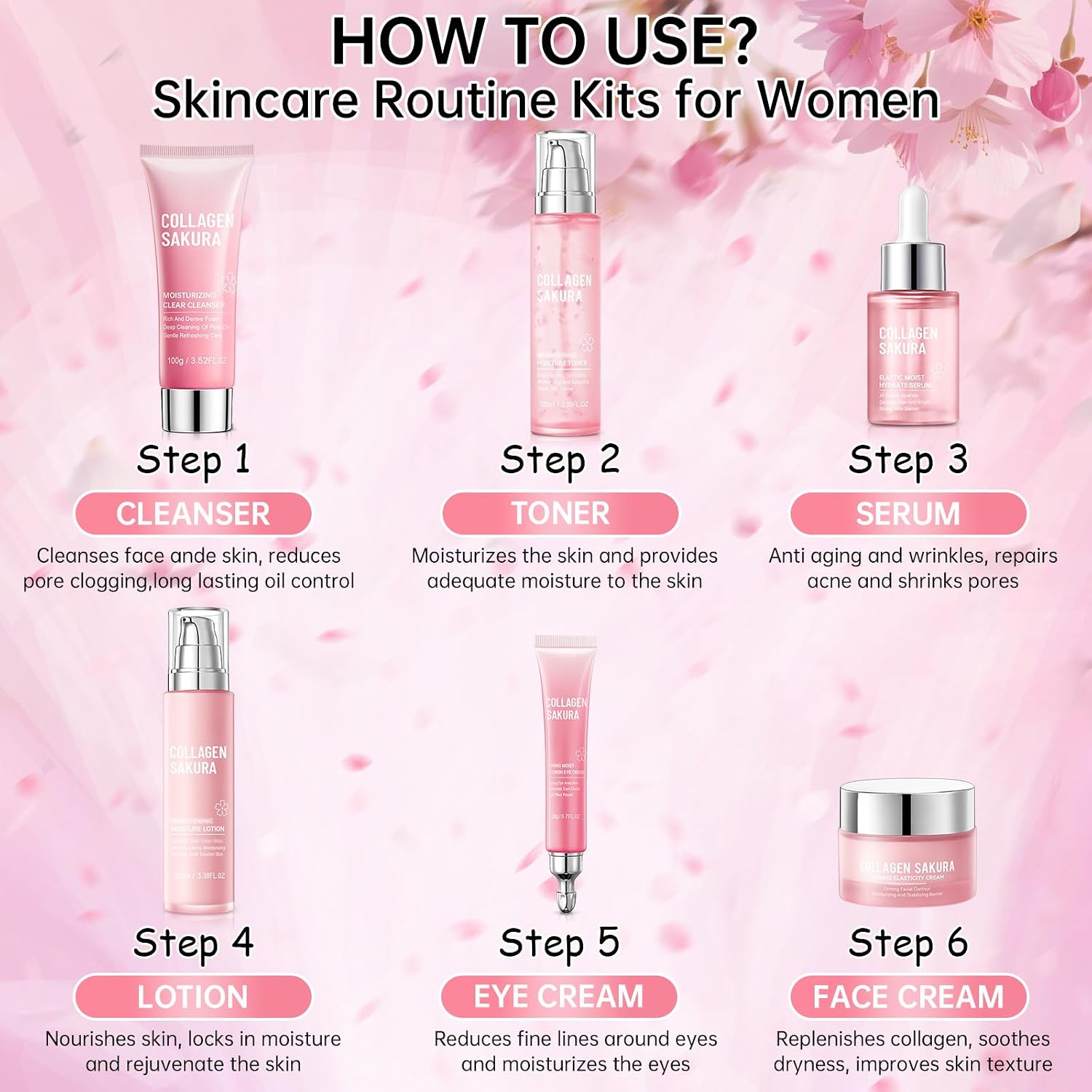 Collagen Sakura Skincare Gift Set - Cherry Blossom Moisturizing and Revitalizing Routine for Teen Girls and Women, 6-Piece Korean Daily Skincare Kit
