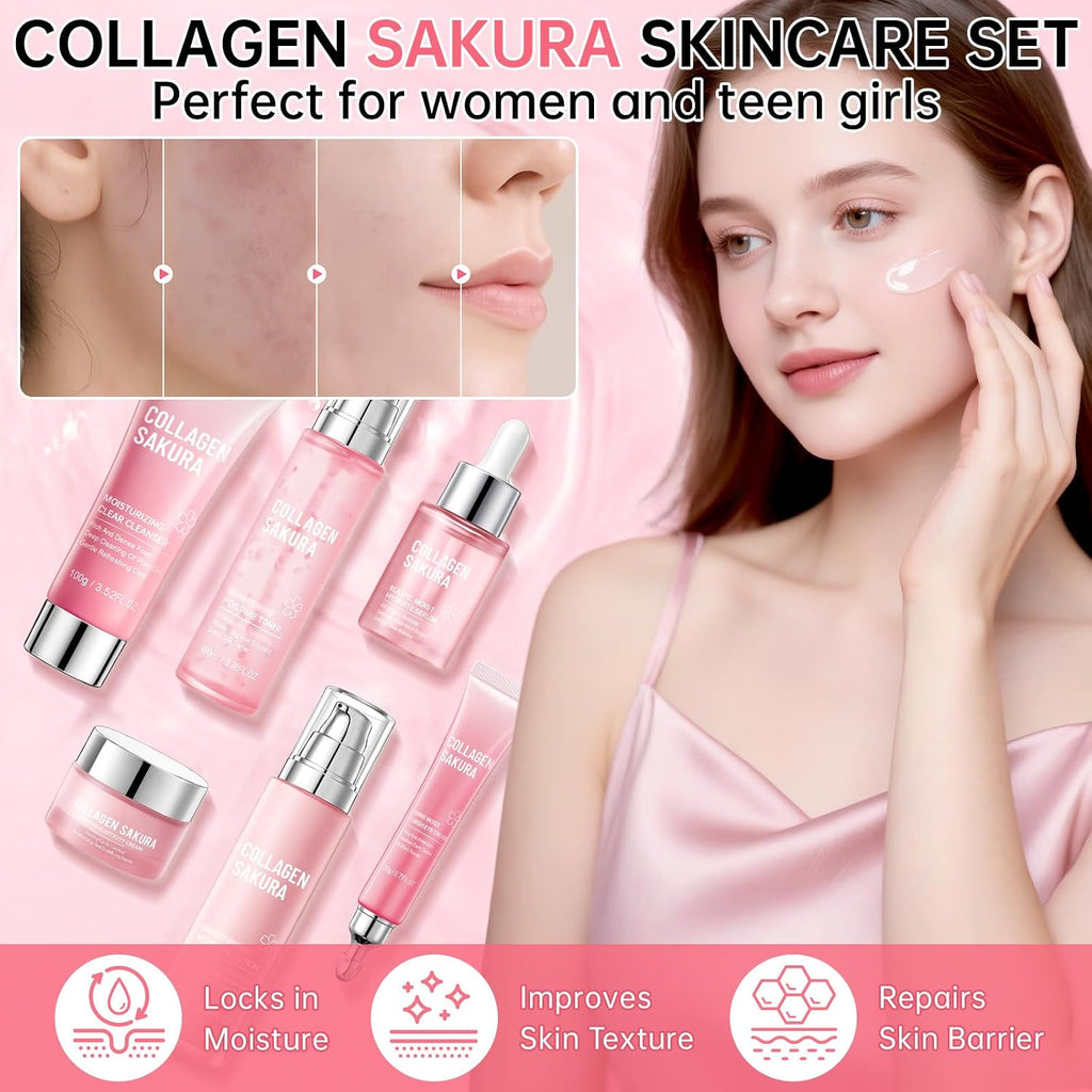 Collagen Sakura Skincare Gift Set - Cherry Blossom Moisturizing and Revitalizing Routine for Teen Girls and Women, 6-Piece Korean Daily Skincare Kit
