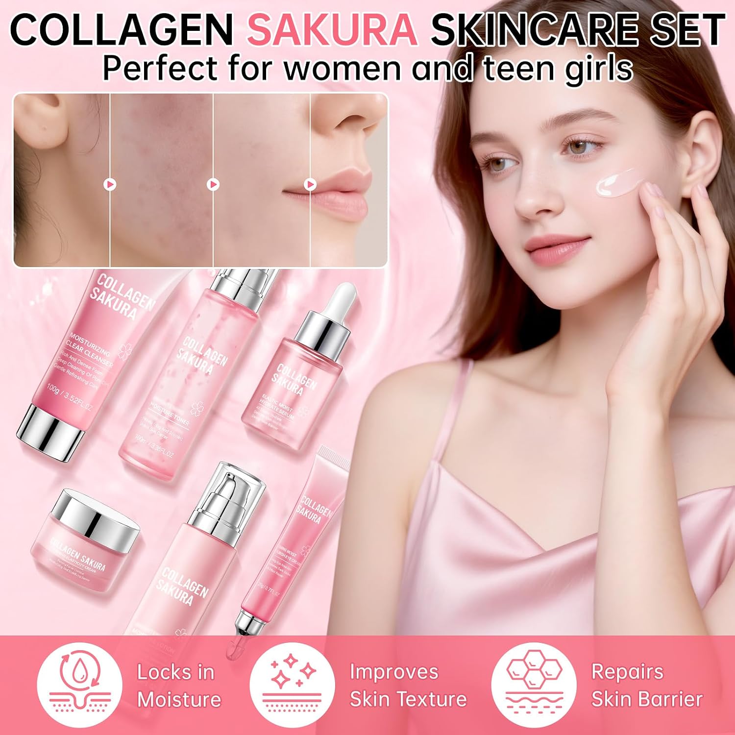 Collagen Sakura Skincare Gift Set - Cherry Blossom Moisturizing and Revitalizing Routine for Teen Girls and Women, 6-Piece Korean Daily Skincare Kit