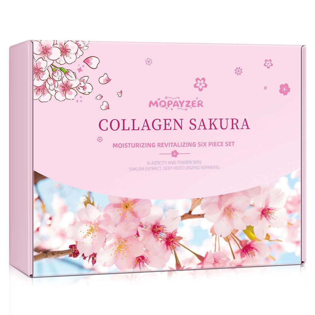 Collagen Sakura Skincare Gift Set - Cherry Blossom Moisturizing and Revitalizing Routine for Teen Girls and Women, 6-Piece Korean Daily Skincare Kit