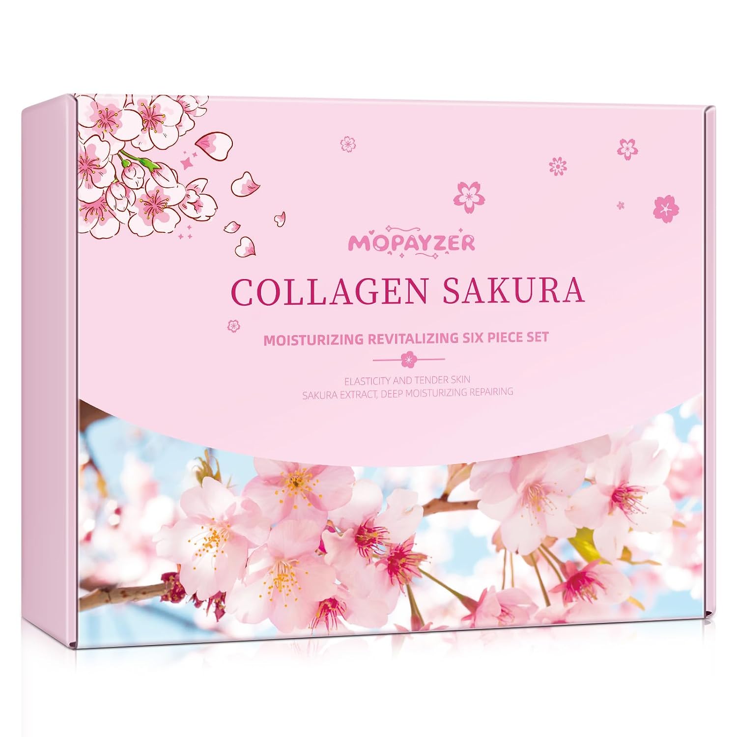 Collagen Sakura Skincare Gift Set - Cherry Blossom Moisturizing and Revitalizing Routine for Teen Girls and Women, 6-Piece Korean Daily Skincare Kit