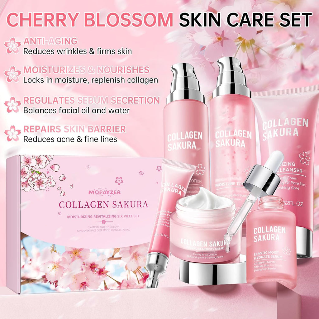 Collagen Sakura Skincare Gift Set - Cherry Blossom Moisturizing and Revitalizing Routine for Teen Girls and Women, 6-Piece Korean Daily Skincare Kit