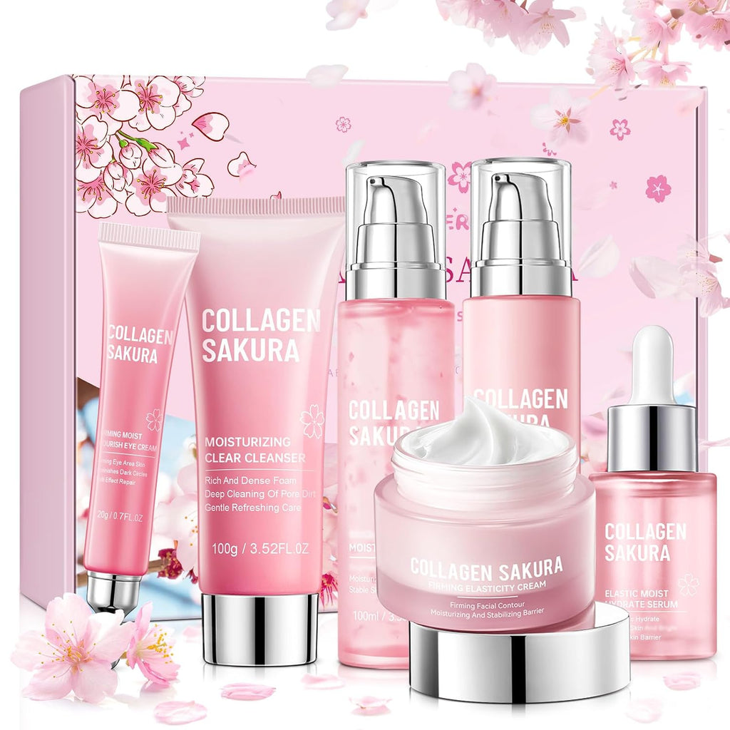 Collagen Sakura Skincare Gift Set - Cherry Blossom Moisturizing and Revitalizing Routine for Teen Girls and Women, 6-Piece Korean Daily Skincare Kit