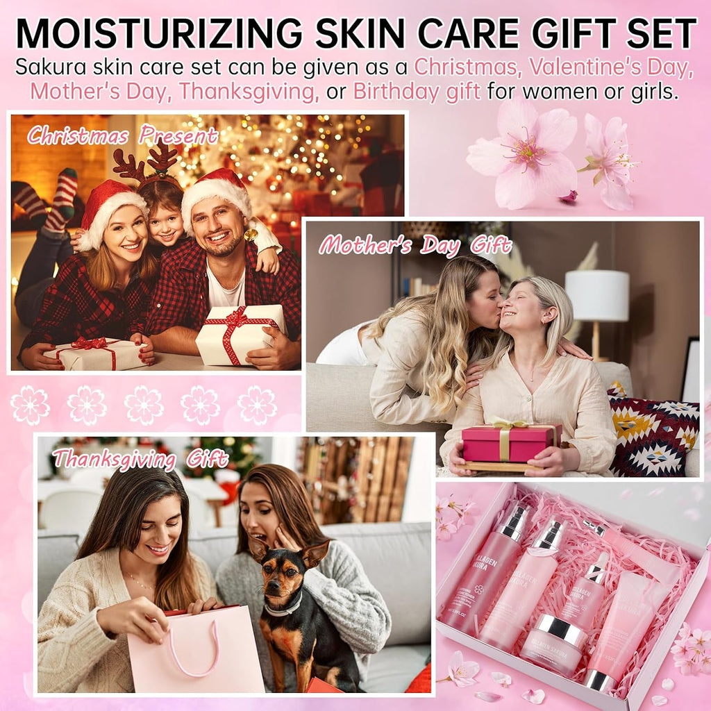 Collagen Sakura Skincare Gift Set - Cherry Blossom Moisturizing and Revitalizing Routine for Teen Girls and Women, 6-Piece Korean Daily Skincare Kit