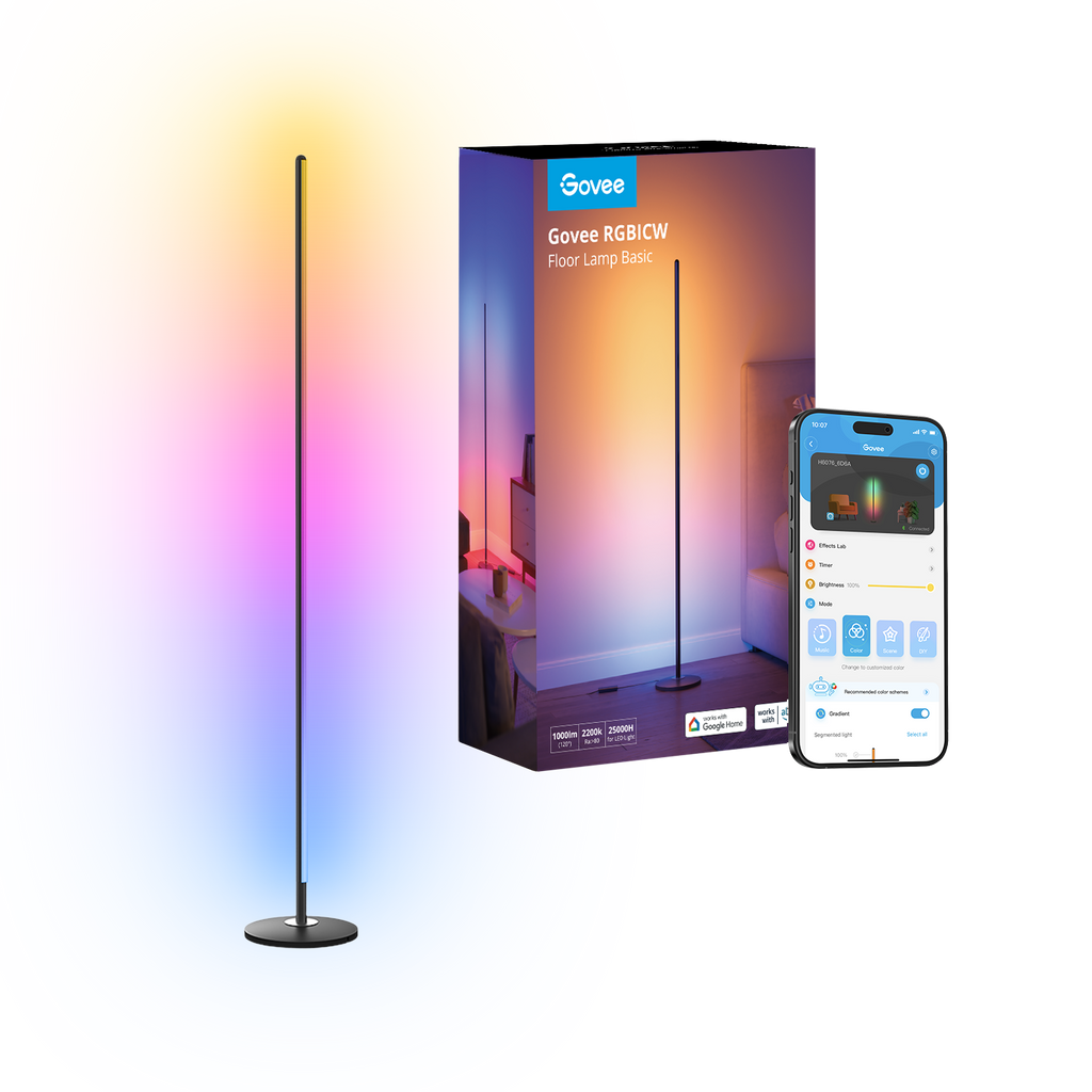 RGBICW Smart Corner Floor Lamp glowing with multicolor light in a corner