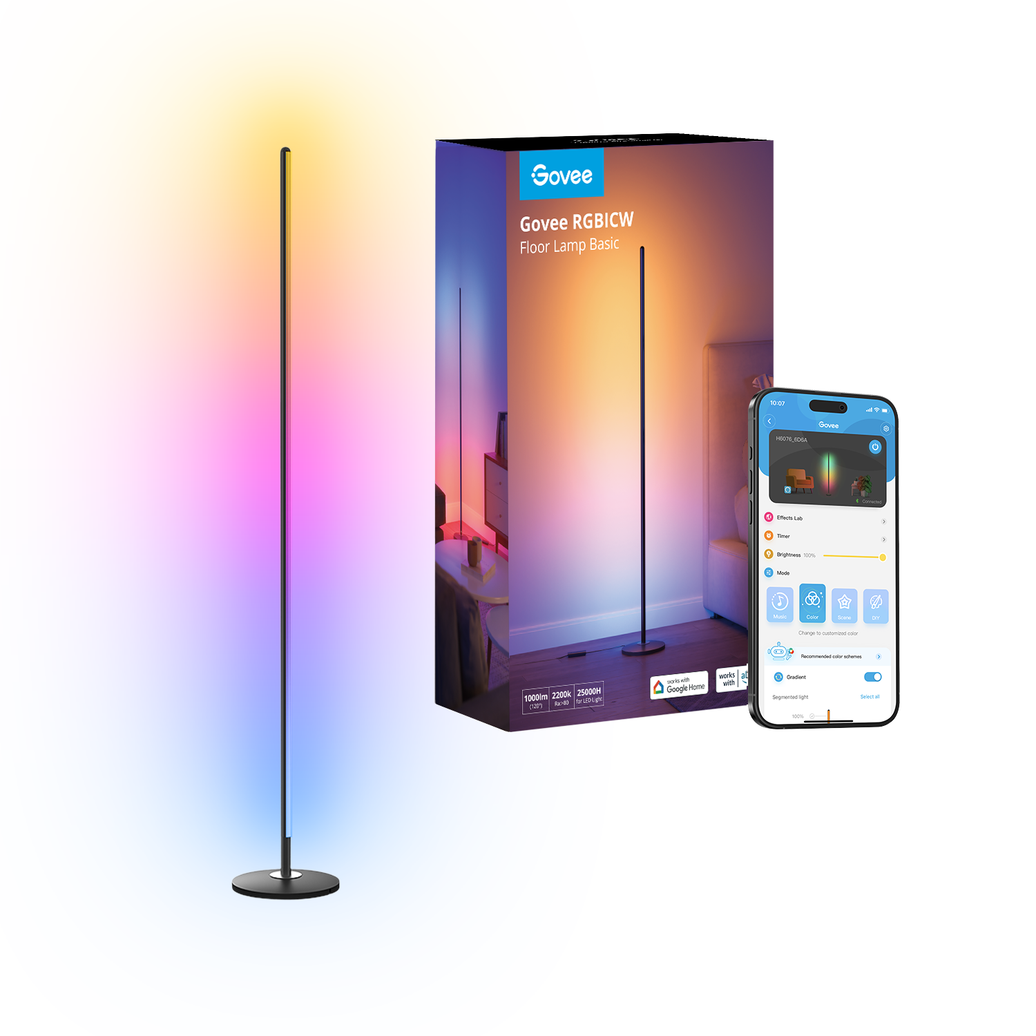 RGBICW Smart Corner Floor Lamp glowing with multicolor light in a corner