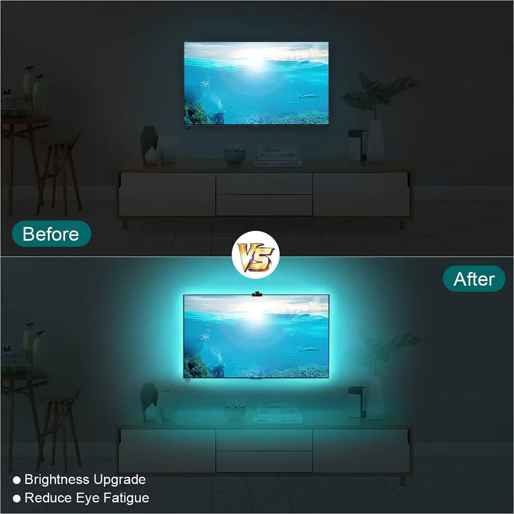Smart TV LED Backlight with Camera for 55-75 inch Screens RGBIC LED Strip Lights Sync to Screen& Music Gaming Room Decor Light
