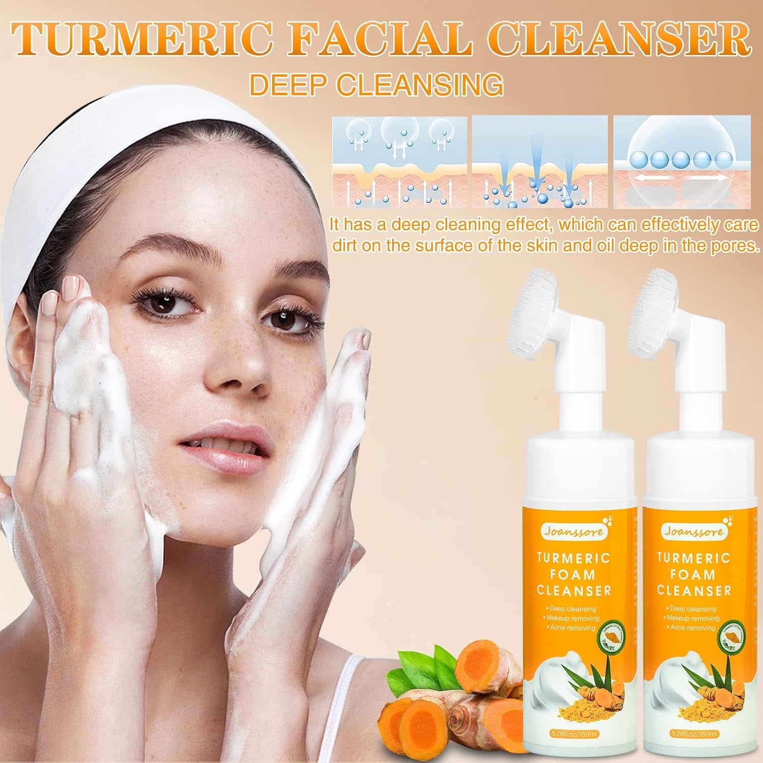 2Pcs Turmeric Facial Cleanser, Turmeric Face Wash, Turmeric Foaming Cleanser, Foaming Face Wash, Tumeric Face Wash, Turmeric Wash Facial Cleanser, Deep Clean and Firm Pores, 5.28 Fl.Oz/1Pcs